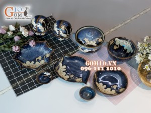 Bộ đồ ăn men hỏa biến xanh đá khắc sen 001