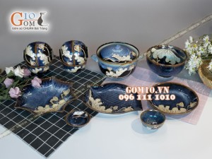 Bộ đồ ăn men hỏa biến xanh đá khắc sen 001