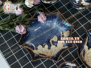 Bộ đồ ăn men hỏa biến xanh đá khắc sen 001