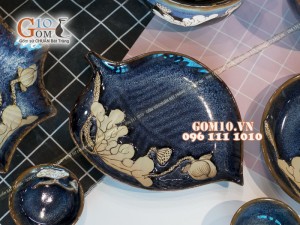Bộ đồ ăn men hỏa biến xanh đá khắc sen 001
