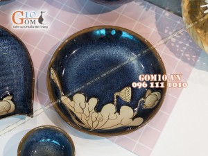 Bộ đồ ăn men hỏa biến xanh đá khắc sen 001