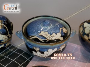 Bộ đồ ăn men hỏa biến xanh đá khắc sen 001