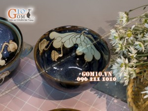 Bộ đồ ăn men hỏa biến xanh đá khắc sen 001