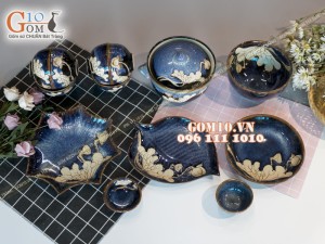 Bộ đồ ăn men hỏa biến xanh đá khắc sen 001