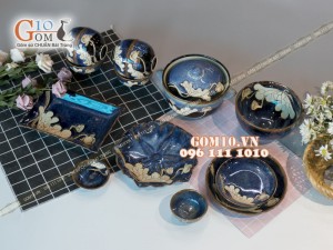 Bộ đồ ăn men hỏa biến xanh đá khắc sen 002