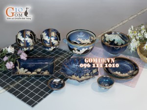 Bộ đồ ăn men hỏa biến xanh đá khắc sen 002