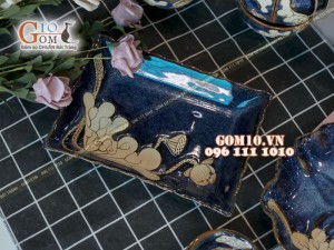 Bộ đồ ăn men hỏa biến xanh đá khắc sen 002