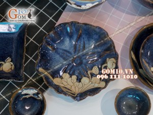 Bộ đồ ăn men hỏa biến xanh đá khắc sen 002