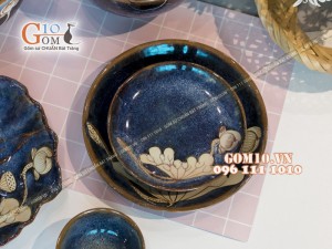 Bộ đồ ăn men hỏa biến xanh đá khắc sen 002