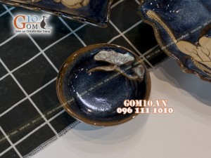 Bộ đồ ăn men hỏa biến xanh đá khắc sen 002