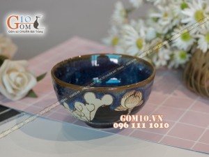 Bộ đồ ăn men hỏa biến xanh đá khắc sen 002