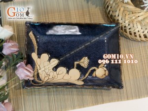 Bộ đồ ăn men hỏa biến xanh đá khắc sen 002