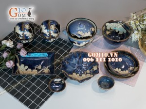 Bộ đồ ăn men hỏa biến xanh đá khắc sen 002