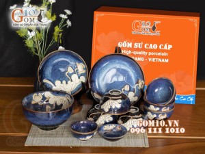 Bộ đồ ăn men hỏa biến xanh đá khắc Sen, 11 chi tiết