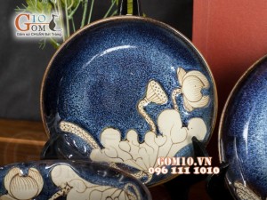 Bộ đồ ăn men hỏa biến xanh đá khắc Sen, 11 chi tiết