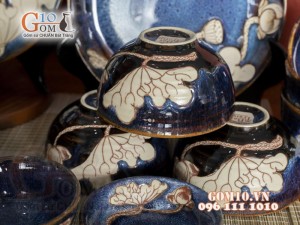 Bộ đồ ăn men hỏa biến xanh đá khắc Sen, 11 chi tiết