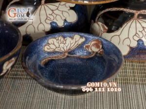 Bộ đồ ăn men hỏa biến xanh đá khắc Sen, 11 chi tiết