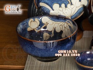 Bộ đồ ăn men hỏa biến xanh đá khắc Sen, 11 chi tiết