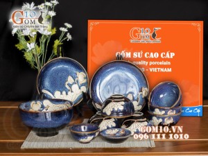 Bộ đồ ăn men hỏa biến xanh đá khắc Sen, 11 chi tiết