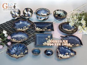 Bộ đồ ăn men hỏa biến xanh đá khắc sen đầy đủ chi tiết