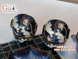 Bộ đồ ăn men hỏa biến xanh đá khắc sen đầy đủ chi tiết