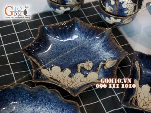 Bộ đồ ăn men hỏa biến xanh đá khắc sen đầy đủ chi tiết