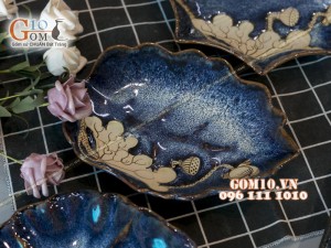 Bộ đồ ăn men hỏa biến xanh đá khắc sen đầy đủ chi tiết