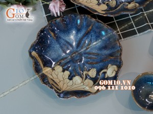 Bộ đồ ăn men hỏa biến xanh đá khắc sen đầy đủ chi tiết