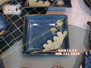Bộ đồ ăn men hỏa biến xanh đá khắc sen đầy đủ chi tiết