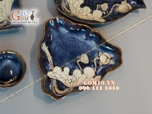 Bộ đồ ăn men hỏa biến xanh đá khắc sen đầy đủ chi tiết