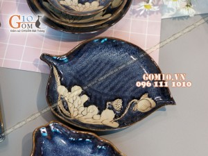 Bộ đồ ăn men hỏa biến xanh đá khắc sen đầy đủ chi tiết