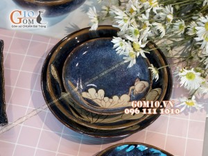 Bộ đồ ăn men hỏa biến xanh đá khắc sen đầy đủ chi tiết
