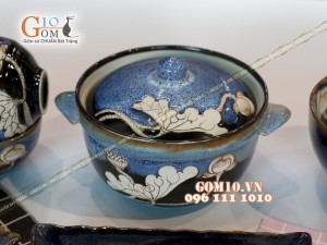 Bộ đồ ăn men hỏa biến xanh đá khắc sen đầy đủ chi tiết