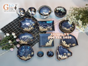 Bộ đồ ăn men hỏa biến xanh đá khắc sen đầy đủ chi tiết