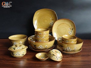 Bộ đồ ăn men hoàng thổ vẽ hoa Đào, 16 chi tiết