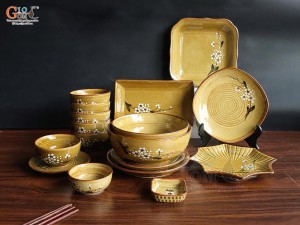 Bộ đồ ăn men hoàng thổ vẽ hoa Đào, 17 chi tiết