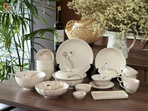 Bộ đồ ăn men kem tấm vẽ Bạch Liên, 21 chi tiết