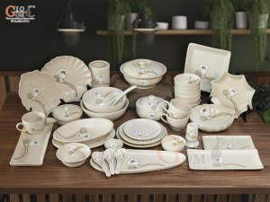 Bộ đồ ăn men kem tấm vẽ Bạch Liên, 37 chi tiết