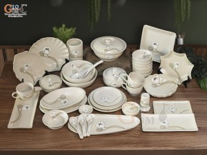 Bộ đồ ăn men kem tấm vẽ Bạch Liên, 37 chi tiết