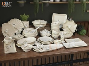Bộ đồ ăn men kem tấm vẽ Bạch Liên, 37 chi tiết
