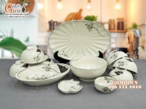 Bộ đồ ăn men kem tấm vẽ hoa Sen, 11 chi tiết