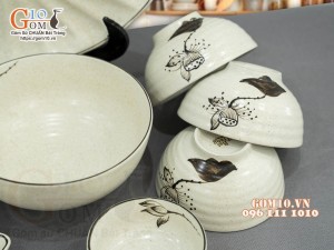 Bộ đồ ăn men kem tấm vẽ hoa Sen, 11 chi tiết