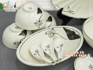 Bộ đồ ăn men kem tấm vẽ hoa Sen, 11 chi tiết