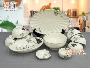 Bộ đồ ăn men kem tấm vẽ hoa Sen, 11 chi tiết