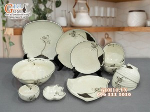 Bộ đồ ăn men kem tấm vẽ hoa Sen, 13 chi tiết