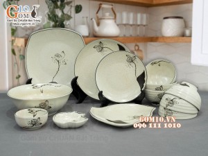 Bộ đồ ăn men kem tấm vẽ hoa Sen, 13 chi tiết