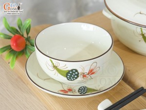 Bộ đồ ăn men kem vẽ Chuồn Sen, 9 chi tiết