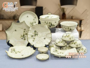 Bộ đồ ăn men kem vẽ chuồn tre, 15 chi tiết