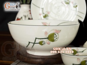 Bộ đồ ăn men kem vẽ Đài Sen, 11 chi tiết