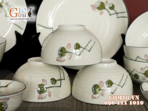 Bộ đồ ăn men kem vẽ Đài Sen, 11 chi tiết